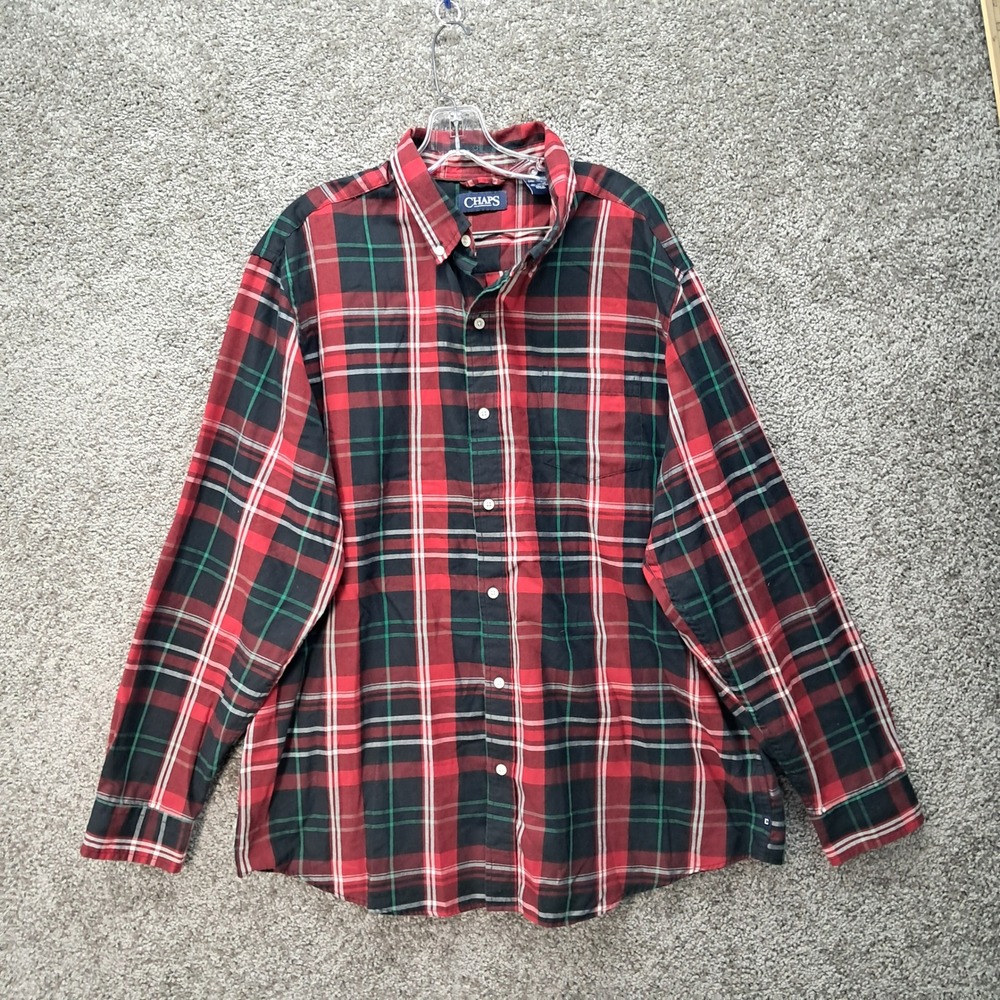 Chaps Mens XXL Red Green Plaid Long Sleeve Button Down Shirt Cotton Blend 8113
